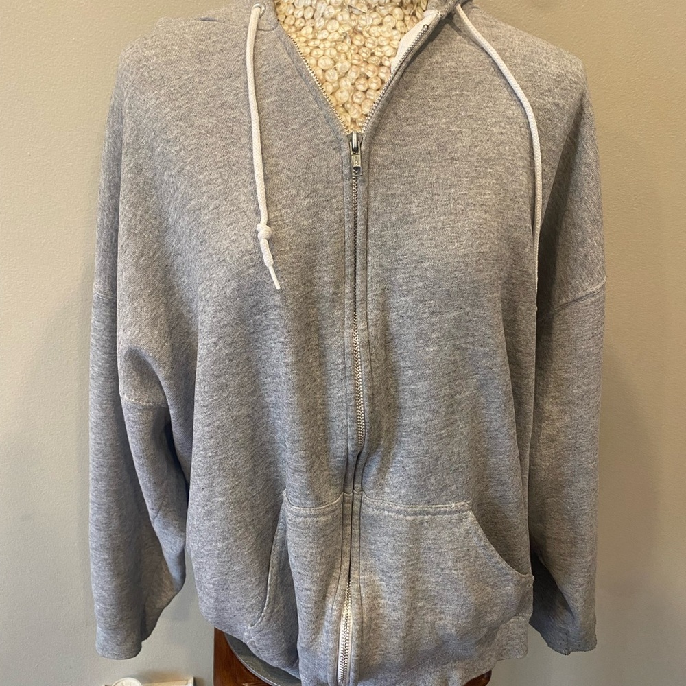 Vintage 90s Men's Light Gray Full-Zip Hoodie Sweater